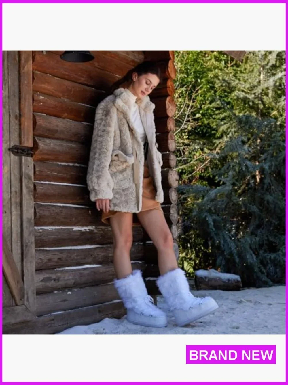 Faux Fur Mid Calf Snow Boots Fluffy Winter Warm Fur Lined Slip On Lace Up
